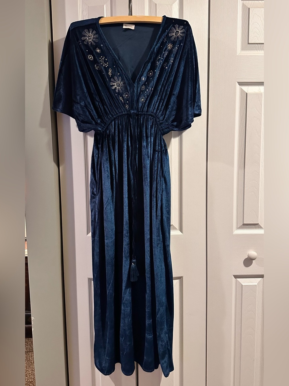 World Market Navy Blue Velvet Embroidered Maxi Dress